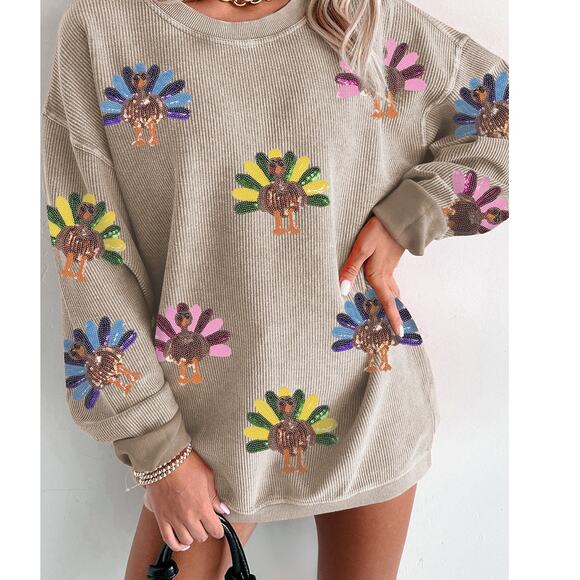 BeautifulSmokeGrayTurkeyGraphicCordedBaggySweatshirt